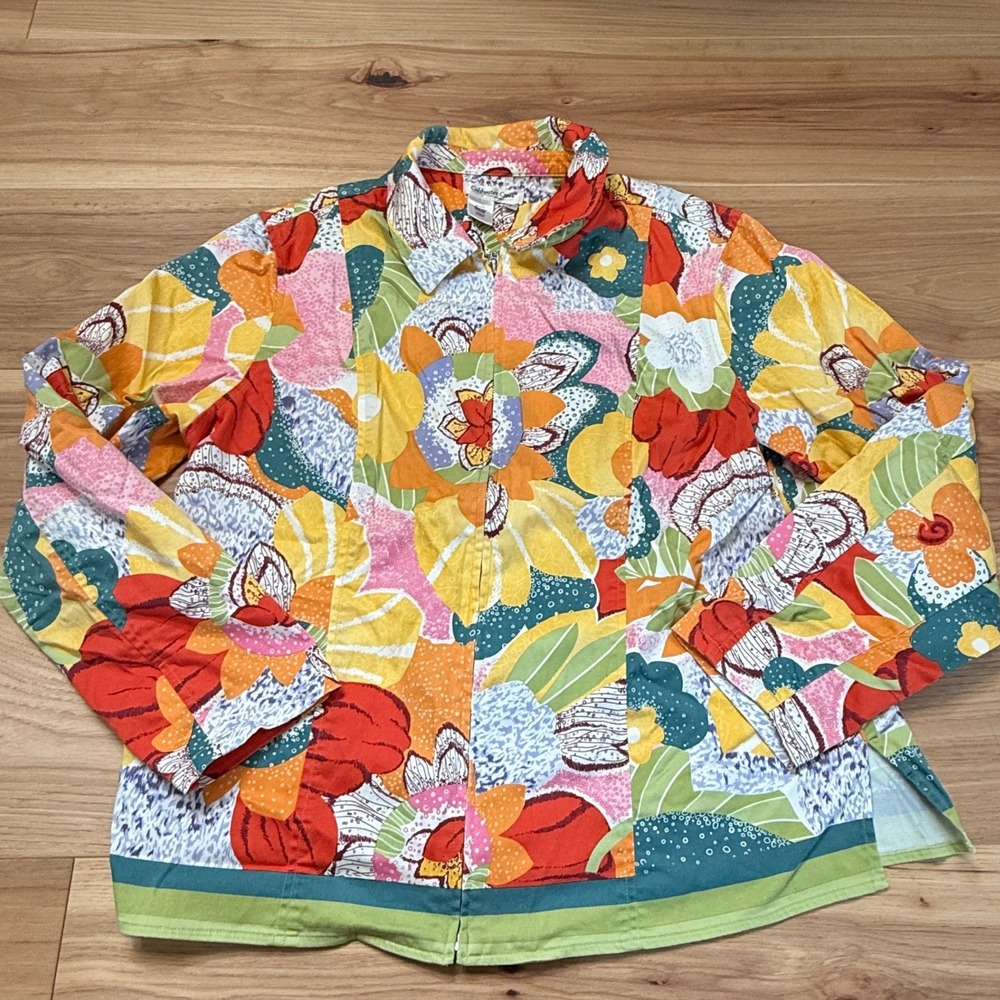 Coldwater Creek Zip Up Jacket SZ L Multicolor Floral Cotton Stretch Coastal
